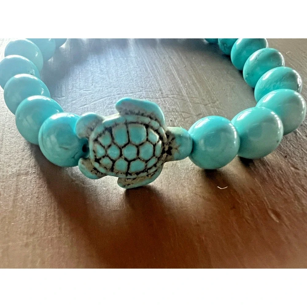 Turquoise Tone Stone Turtle Stretch Bracelet Boho Coastal Beach Jewelry Ocean‎